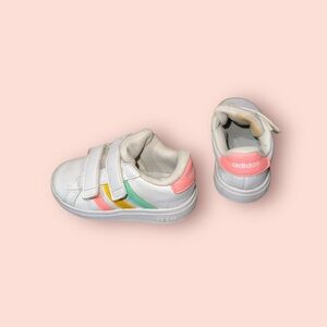 Adidas Kids' White and Pink Sneakers with Colorful Stripes